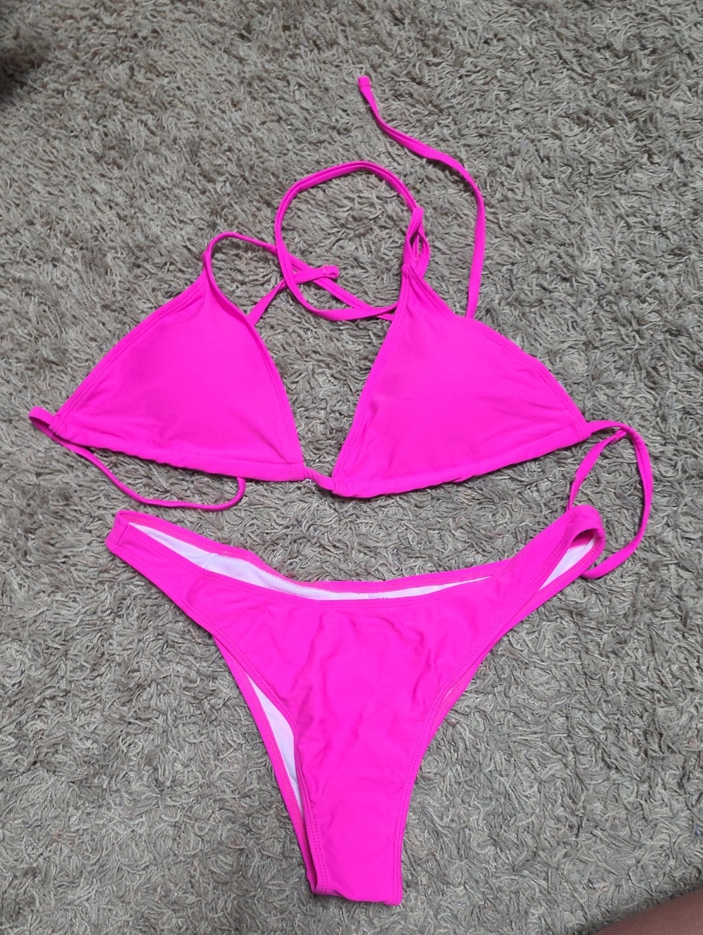 Neon Pink Triangle Tie Bikini Set - Women Swimwear